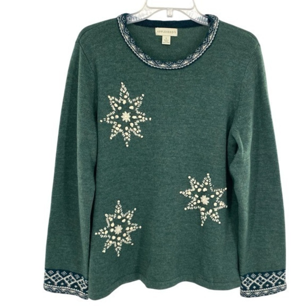 Appleseed's Wool Green Embroidered Snowflake Crewneck Sweater Nordic